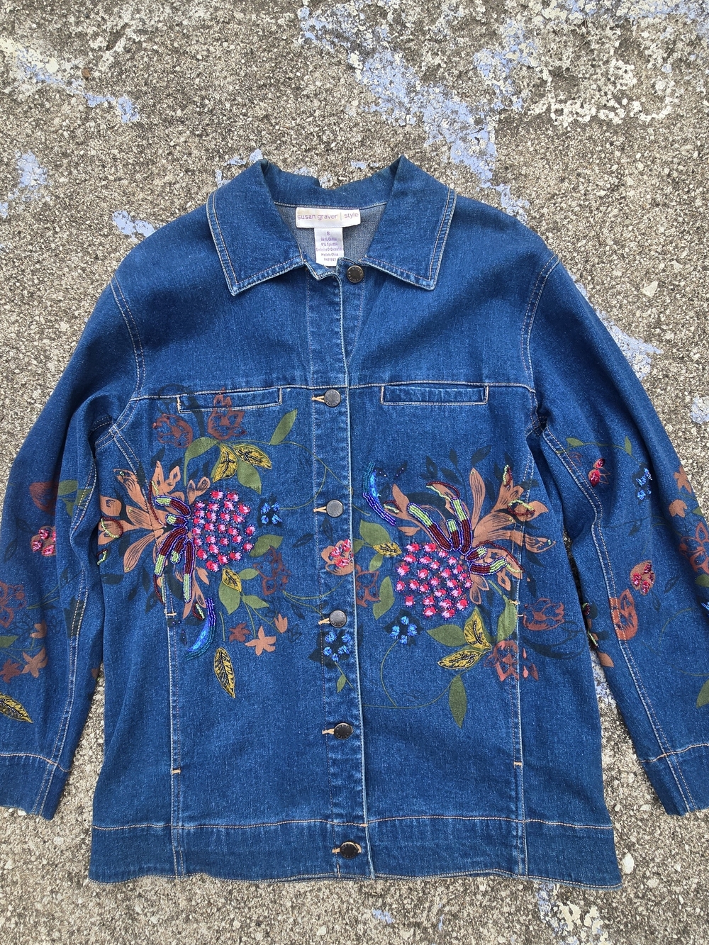 Susan Graver Floral Beaded Embellished Denim Jacket Art To Wear Whimsical Sm